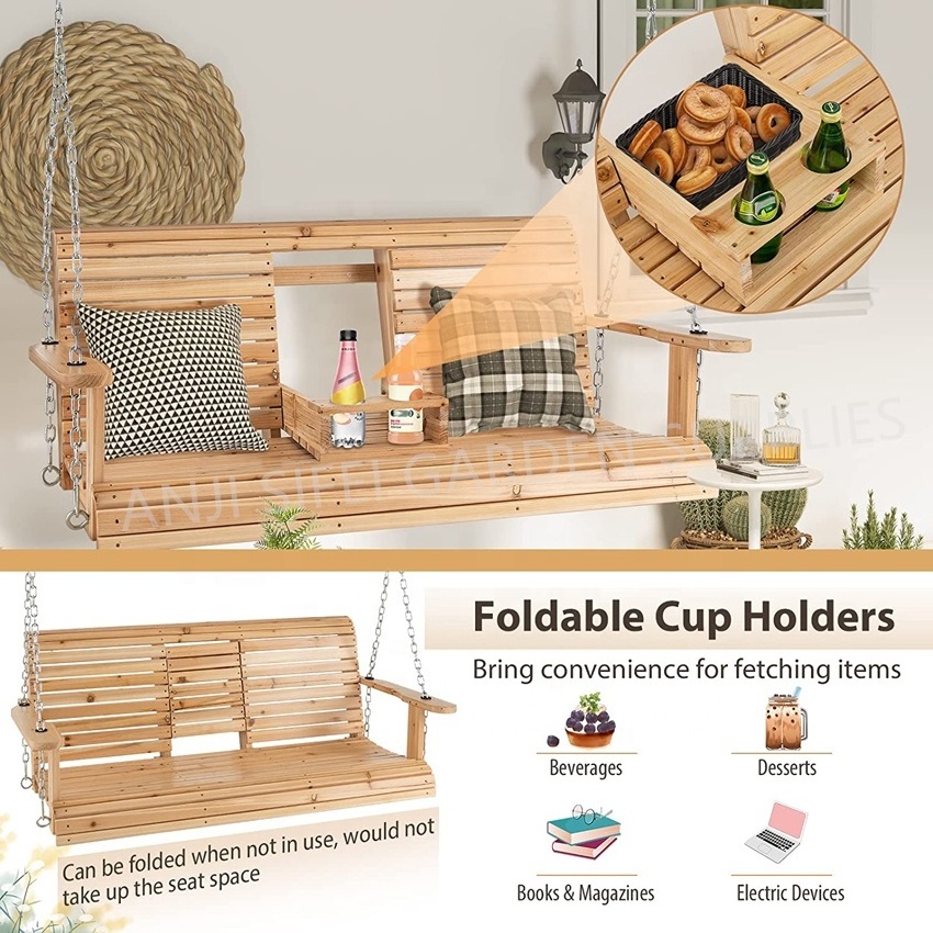 Garden Porch Swing Wooden Patio Swing with Cup Holder