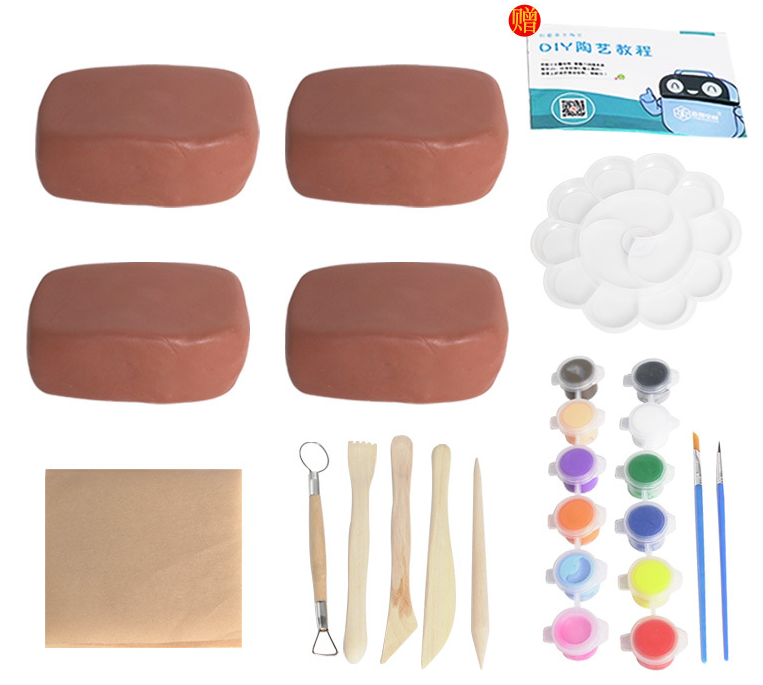 Custom Logo OEM Pottery Kit, Air-Dry Clay Starter Kit for Beginners with Gloss Varnish, Paint, Tools and Guide