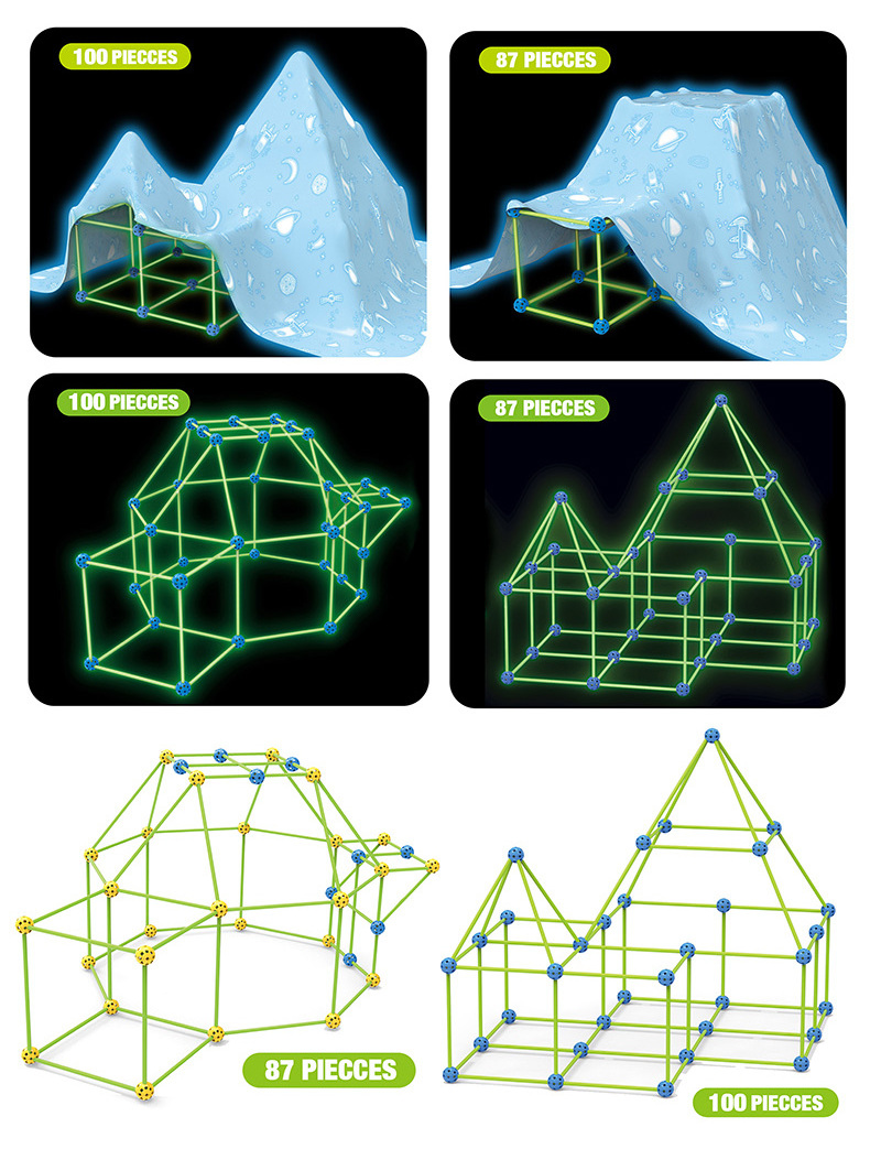 Fun Glow Forts Tent for Kids - 87Pack STEM Toys Glow in The Dark Fort Building Kit Indoor and Out