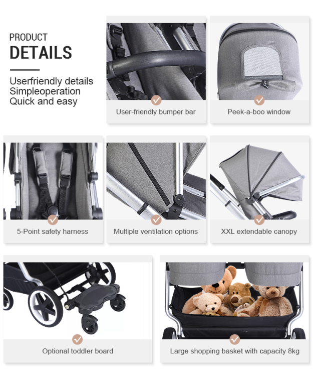 New European  Side By Side Double Two Kids 3 In 1 Babies Seat Pushchair Pram Twin Baby Carriage Stroller For Twins