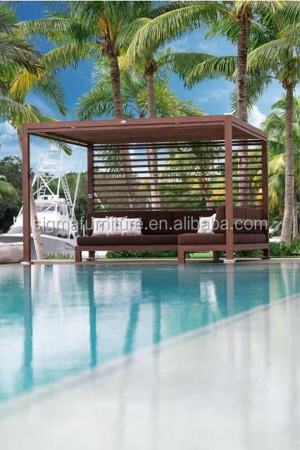 Outdoor hotel pool seats UV protection teak wood cabana with chaise lounge