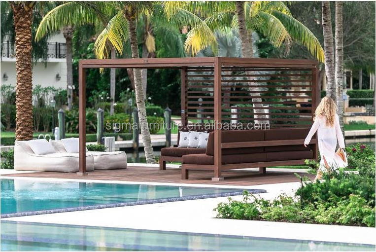 Outdoor hotel pool seats UV protection teak wood cabana with chaise lounge