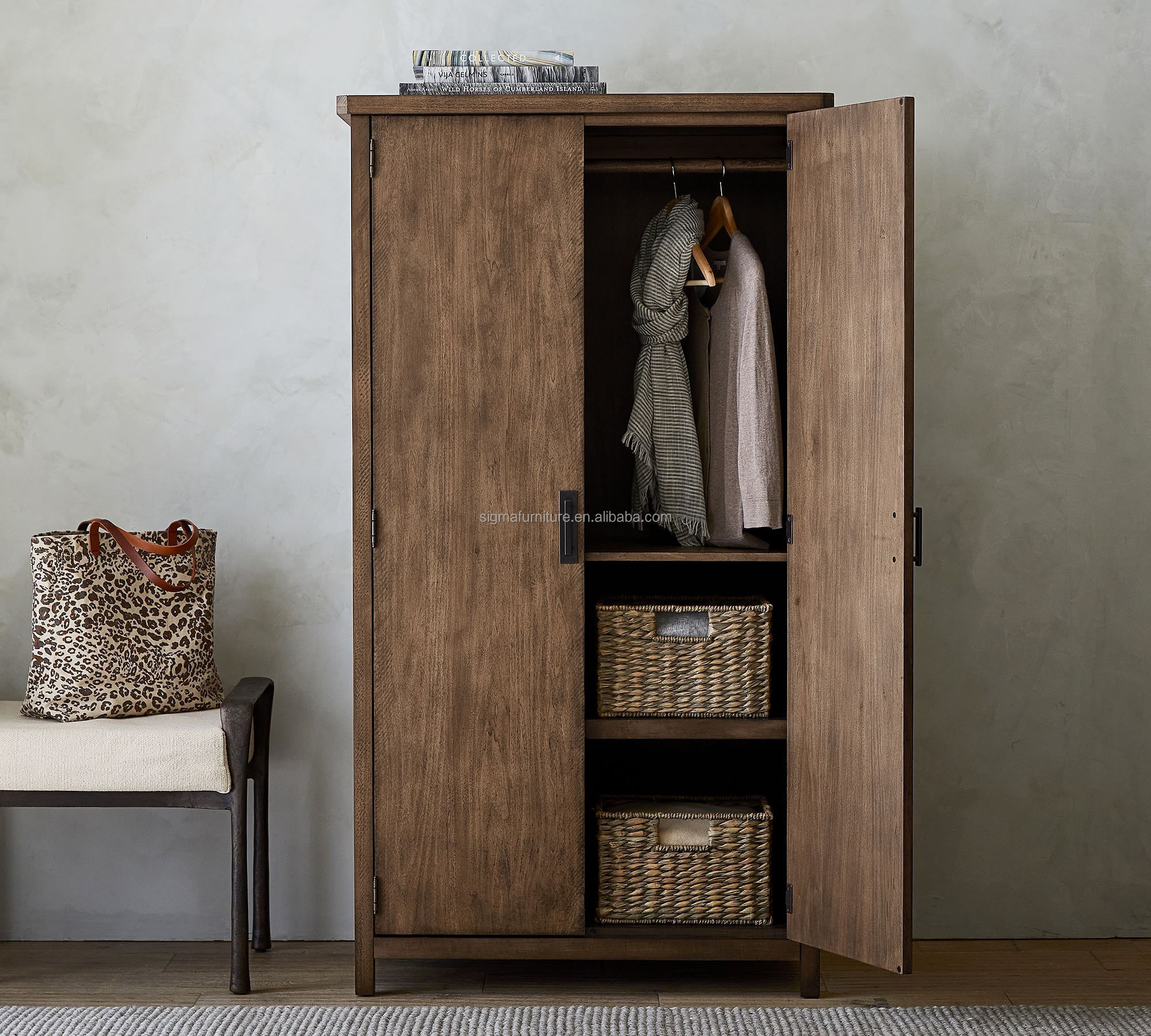 Mid century modern bedroom furniture wooden wardrobe closet armoire  Armario de madera