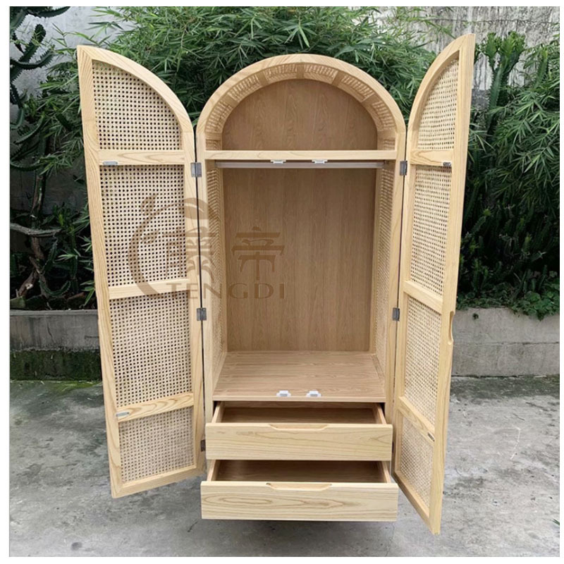 Vintage simple  two door cabinet solid wood bedroom natural rattan wardrobe