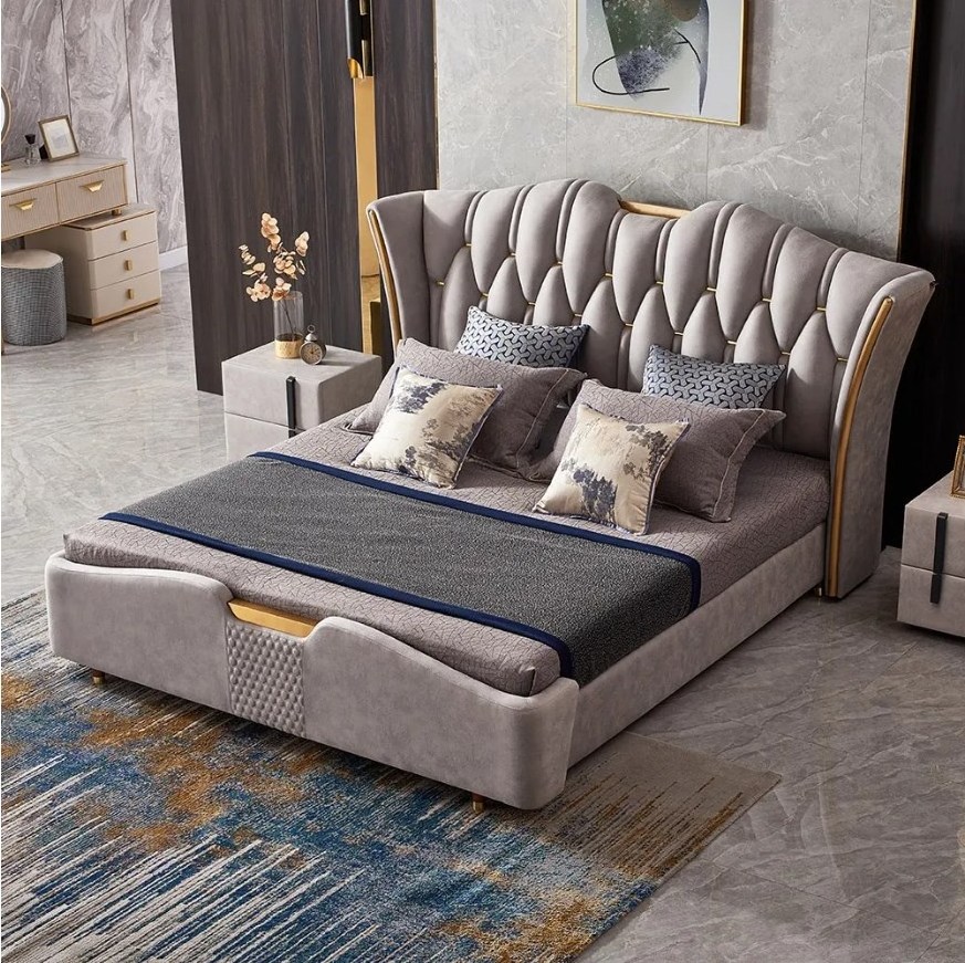 Light gray wingback headboard upholstered tuffted king bed