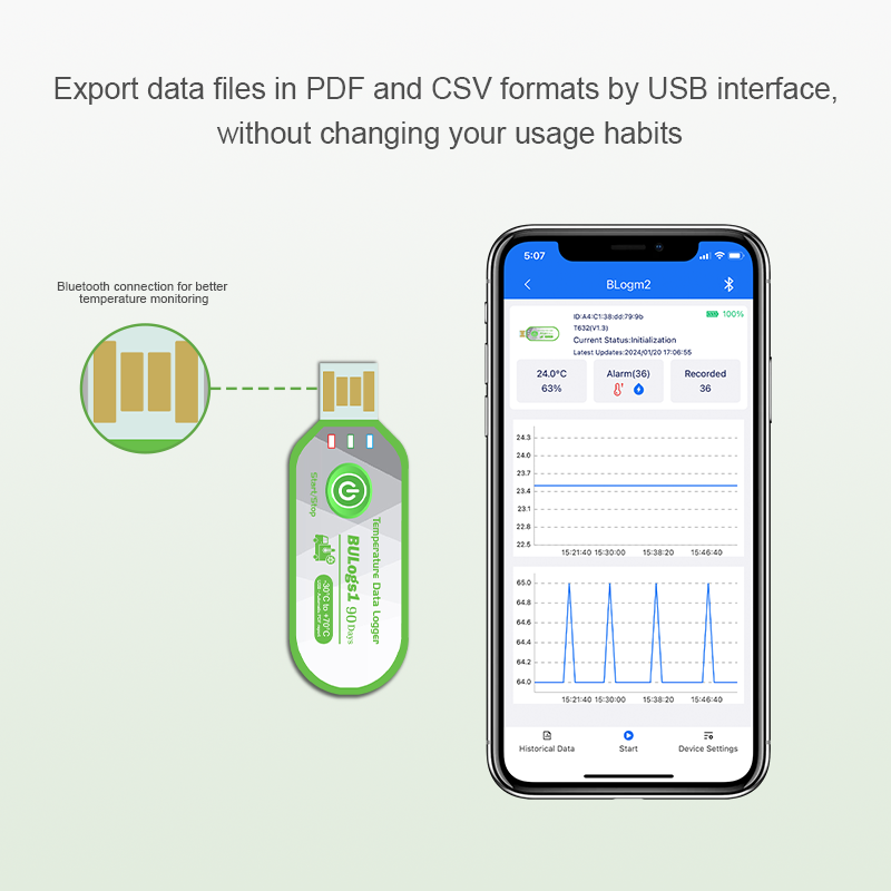 Waterproof IP67 wireless Blue tooth USB temperature data logger  for transport temperature recorder