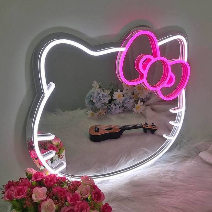 2024 Custom hello Kitty light Neon Sign with Mirror Neon sign Acrylic Decorative Cartoon design Light Indoor Led Lights