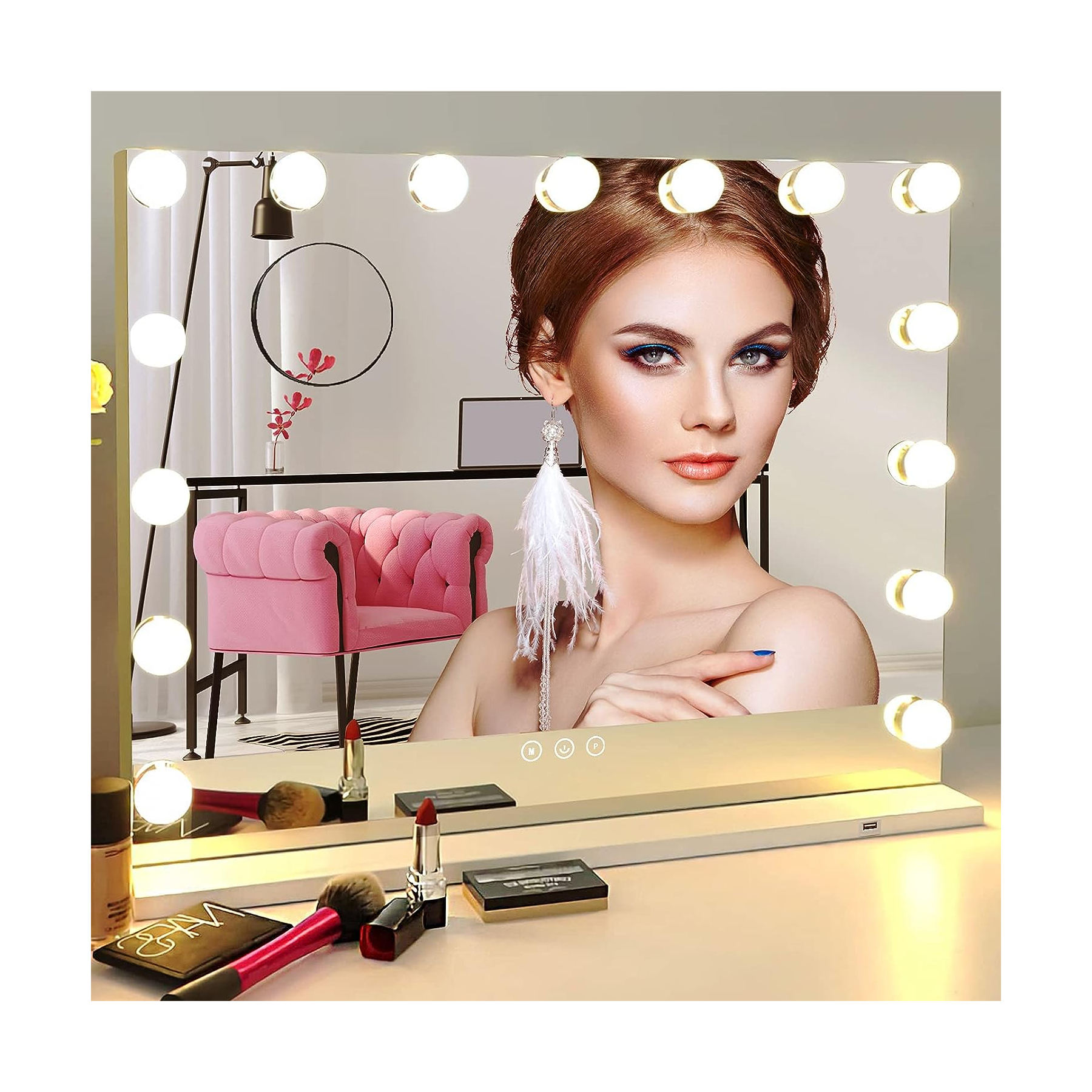 10x magnifying led lighted makeup mirror with 15 Dimmable Bulbs,  USB Charging Port, Smart Touch 3 Colors Dimmable