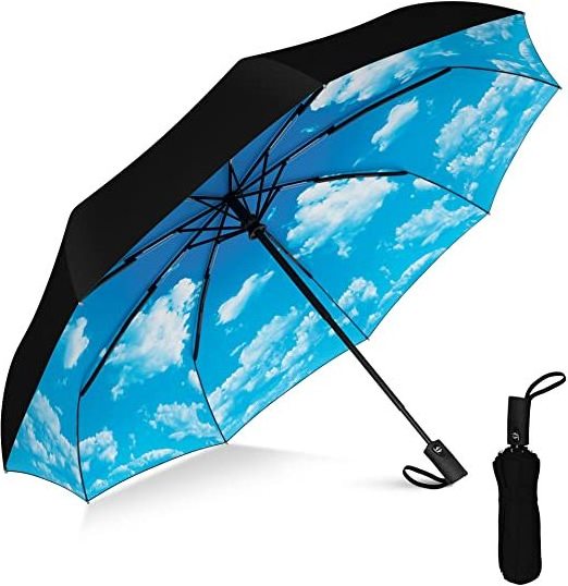 blue sky white cloud design 9 durable ribs windproof automatic telescopic fold umbrella