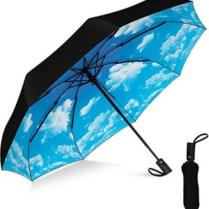 blue sky white cloud design 9 durable ribs windproof automatic telescopic fold umbrella