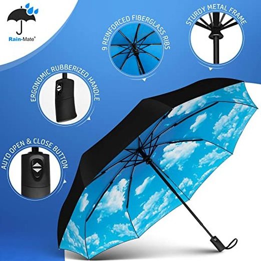 blue sky white cloud design 9 durable ribs windproof automatic telescopic fold umbrella