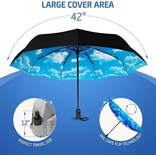 blue sky white cloud design 9 durable ribs windproof automatic telescopic fold umbrella