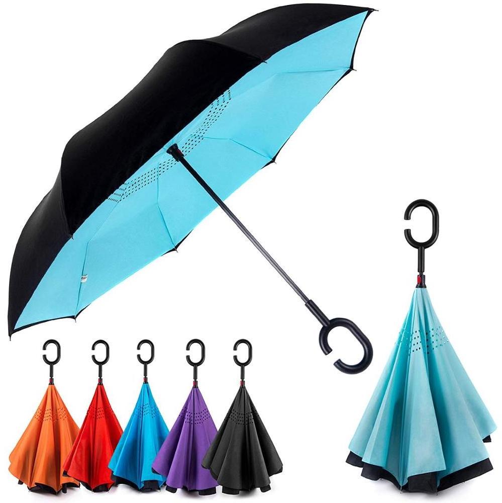 Reverse Inverted Windproof Umbrella - Upside Down Umbrellas with C-Shaped Handle - Double Layer Inside Out Folding Umbrella