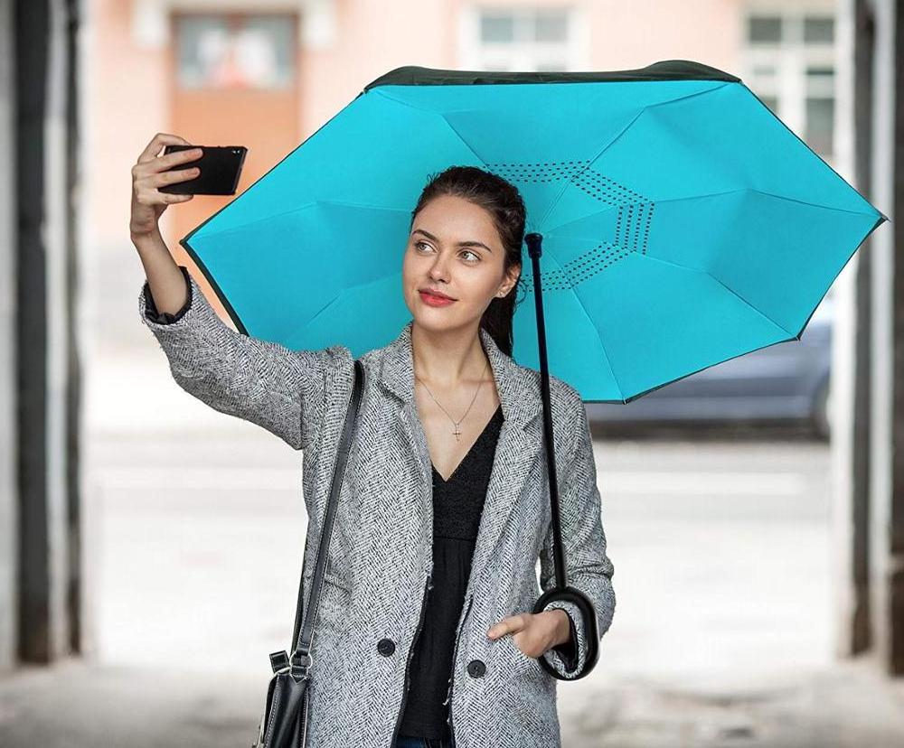 Reverse Inverted Windproof Umbrella - Upside Down Umbrellas with C-Shaped Handle - Double Layer Inside Out Folding Umbrella