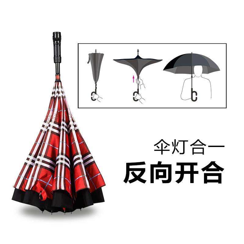 Strong waterproof reverse straight umbrella with LED light