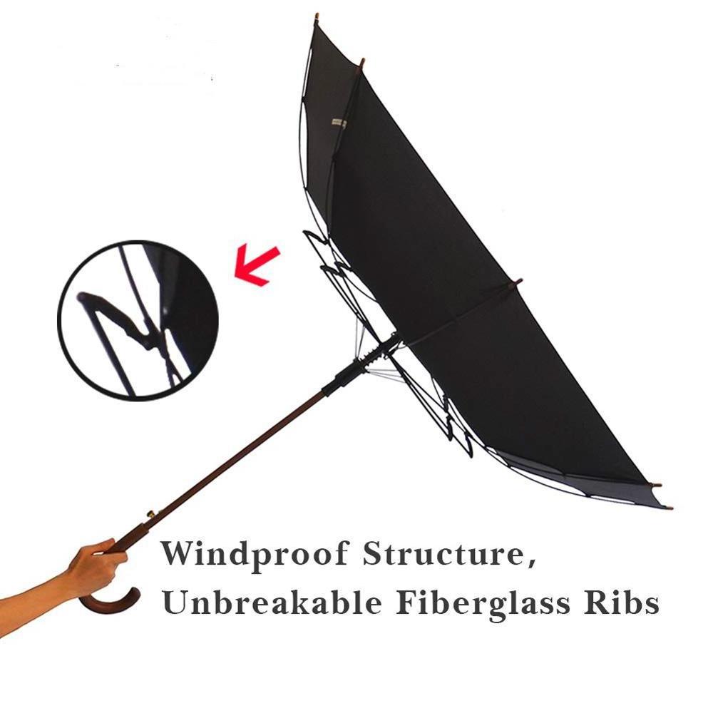 Stick Umbrella Automatic Open Curved Wood Hook Handle Black Rain Umbrellas with Classic J Handle Windproof for Men and Women