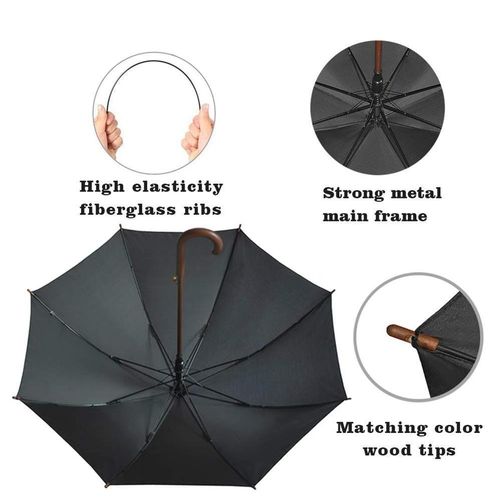 Stick Umbrella Automatic Open Curved Wood Hook Handle Black Rain Umbrellas with Classic J Handle Windproof for Men and Women