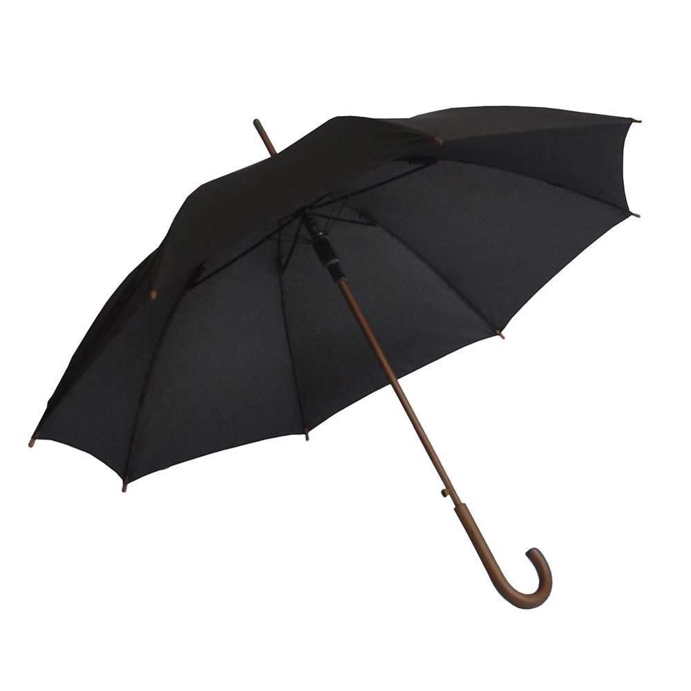 Stick Umbrella Automatic Open Curved Wood Hook Handle Black Rain Umbrellas with Classic J Handle Windproof for Men and Women