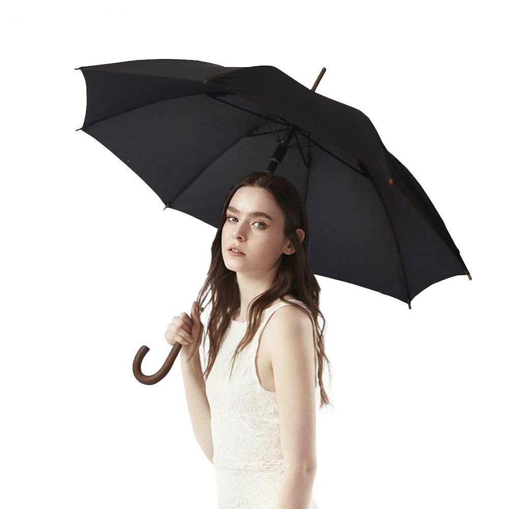 Stick Umbrella Automatic Open Curved Wood Hook Handle Black Rain Umbrellas with Classic J Handle Windproof for Men and Women