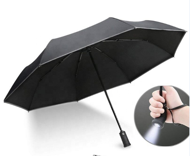 Custom LED Light Umbrella 3 Fold Automatic Flashlight Safety Umbrella with LED Light Handle