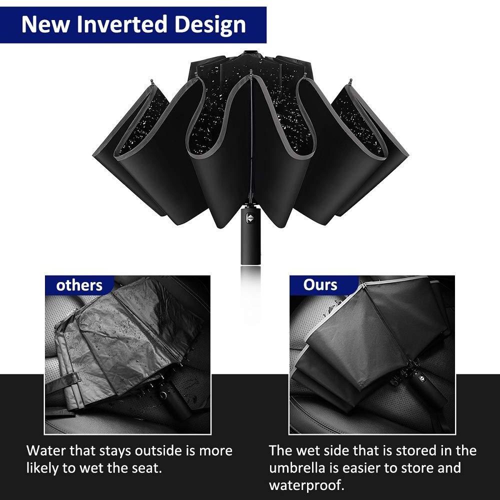 Inverted Umbrella Windproof Umbrella Compact Folding Reverse Umbrella with Reflective Stripe 10 Ribs Auto Open and Close