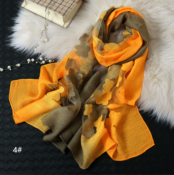 Fashion spring cut flowers color gradient organza silk scarf summer jacquard silk scarf for women