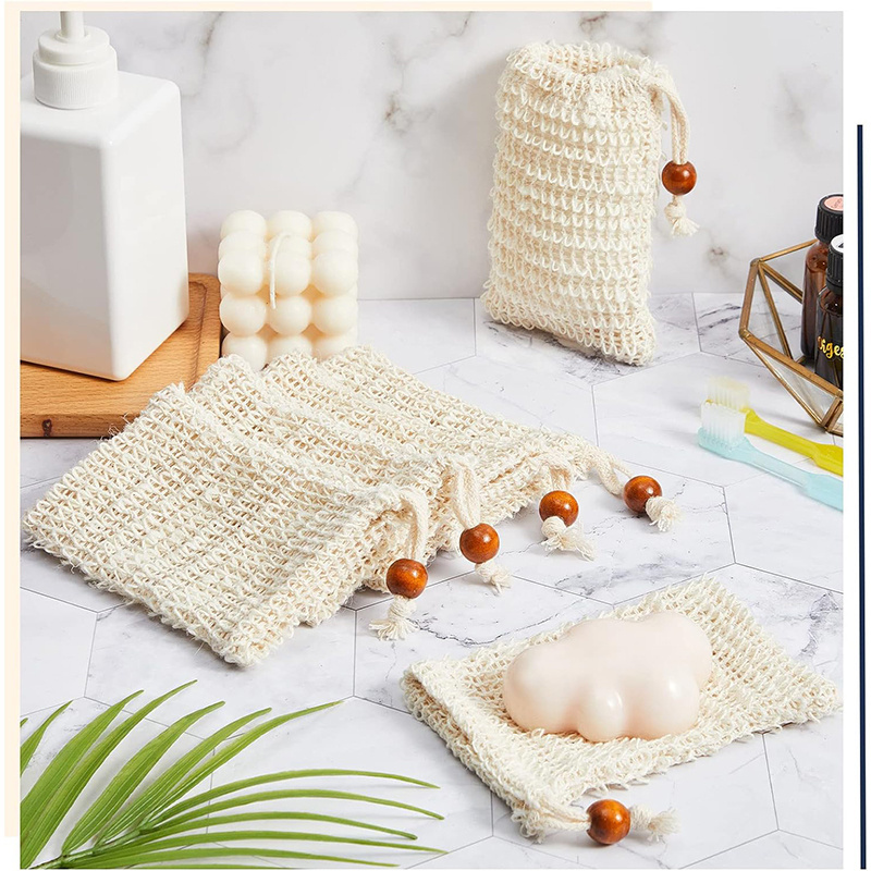 Eco Friendly Natural Exfoliating Bath Sisal Soap Net Mesh Drawstring Pouch Bag Biodegradable Organic Hemp Cotton Sisal Soap Bag