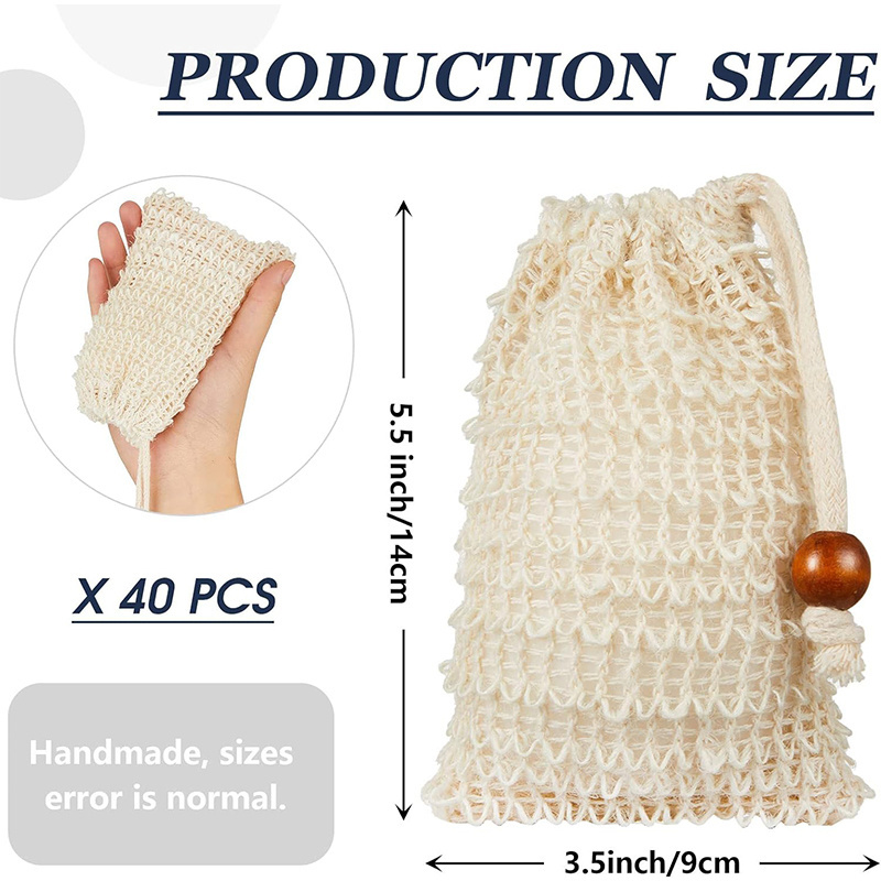 Eco Friendly Natural Exfoliating Bath Sisal Soap Net Mesh Drawstring Pouch Bag Biodegradable Organic Hemp Cotton Sisal Soap Bag