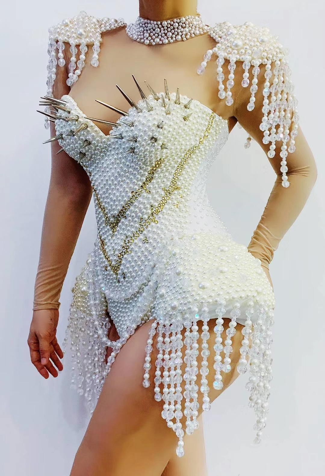 Sexy Rivets White Pearls Tassel One Piece Stage Performance Jumpsuit Stripper Exotic Dancewear Women Club Rhinestone Bodysuits