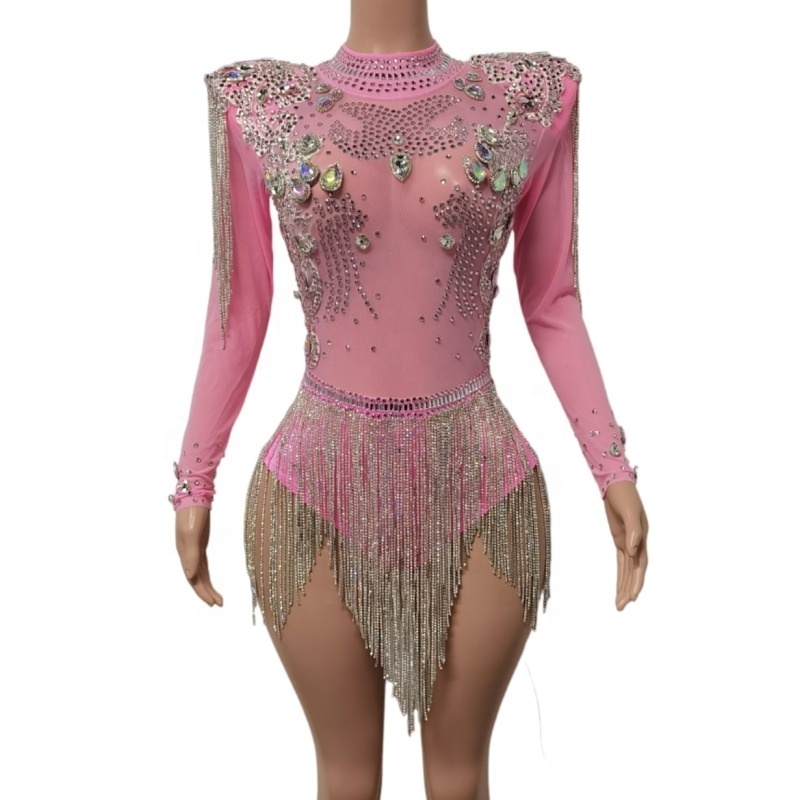 Sexy Transparent Crystal Tassel One Piece Jumpsuit Stripper Exotic Dance Wear Show Party Club Leotard Women Rhinestone Bodysuits