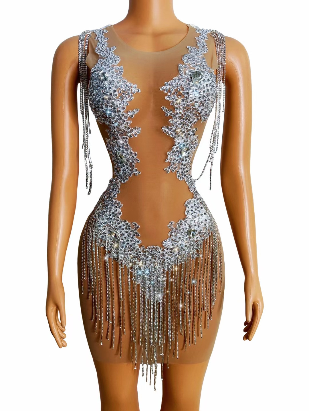 Sexy See Through Cut Out Crystal Dinner Gown Dance Wear Slim Fit Birthday Prom Sheath Dress Women Tassel Sexy Party Club Dress