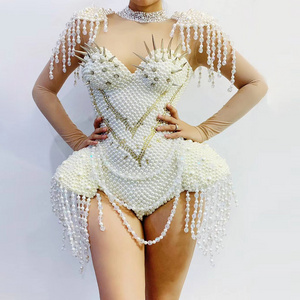 Sexy Rivets White Pearls Tassel One Piece Stage Performance Jumpsuit Stripper Exotic Dancewear Women Club Rhinestone Bodysuits