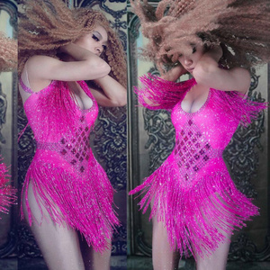 Sexy Sleeveless Tassel Rhinestone Pole Dance Stage Performance Dance Leotard Show Costume Women Club Jumpsuit One Piece Bodysuit