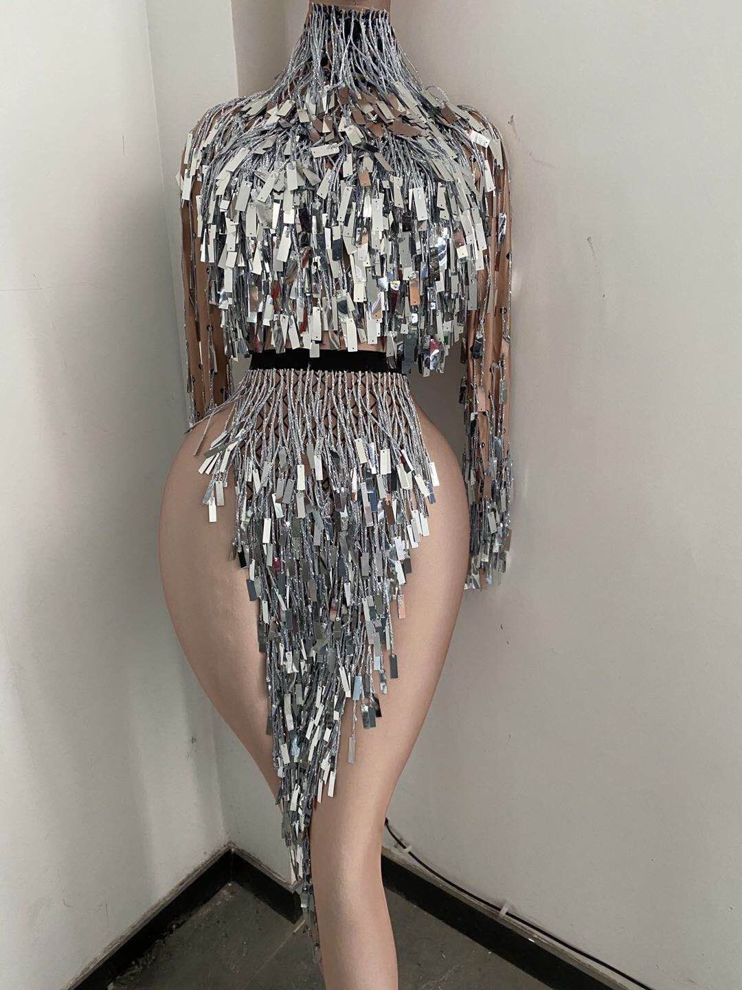 Shiny Bling Sequins Tassel Pole Dance Wear Top Skirts 2 Piece Sets Show Performance Stripper Outfits Women Club Outfits Sets