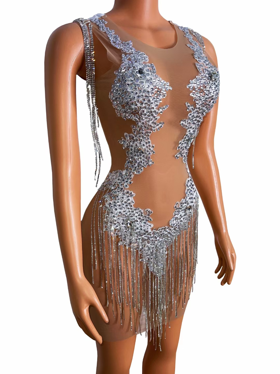 Sexy See Through Cut Out Crystal Dinner Gown Dance Wear Slim Fit Birthday Prom Sheath Dress Women Tassel Sexy Party Club Dress