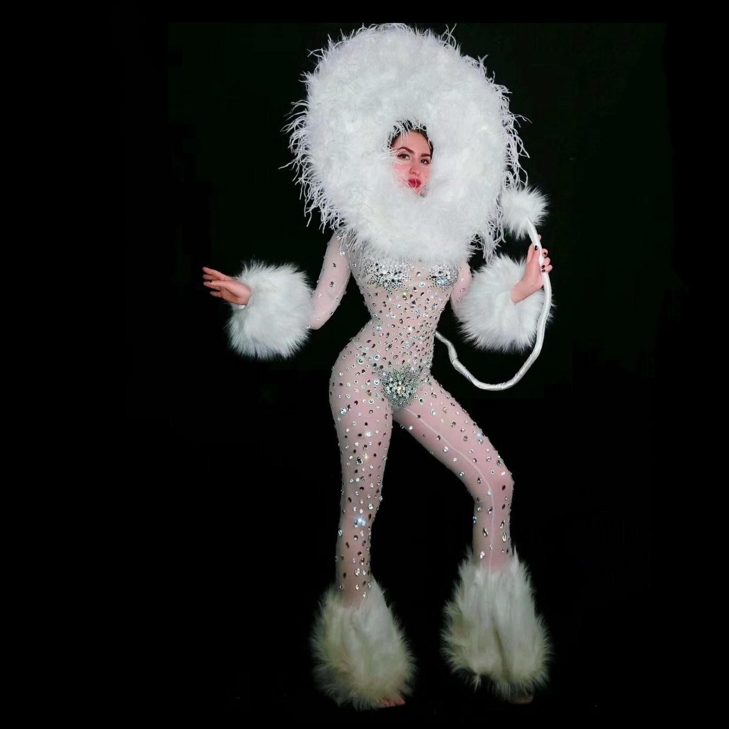 2023 Sexy White See Through Mesh Rhinestone Bodysuit Poodle Stripper Cosplay Costume Women Plus Size Stage Performance Jumpsuit