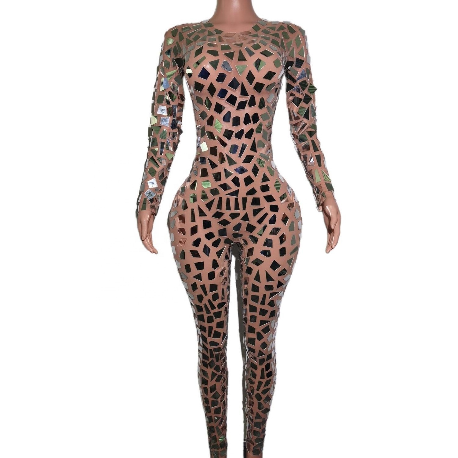 2023 Sexy See Through Mirror Sequins Long Sleeve Bodysuit Plus Size Stripper Exotic Dancewear Women Club One Piece Jumpsuits