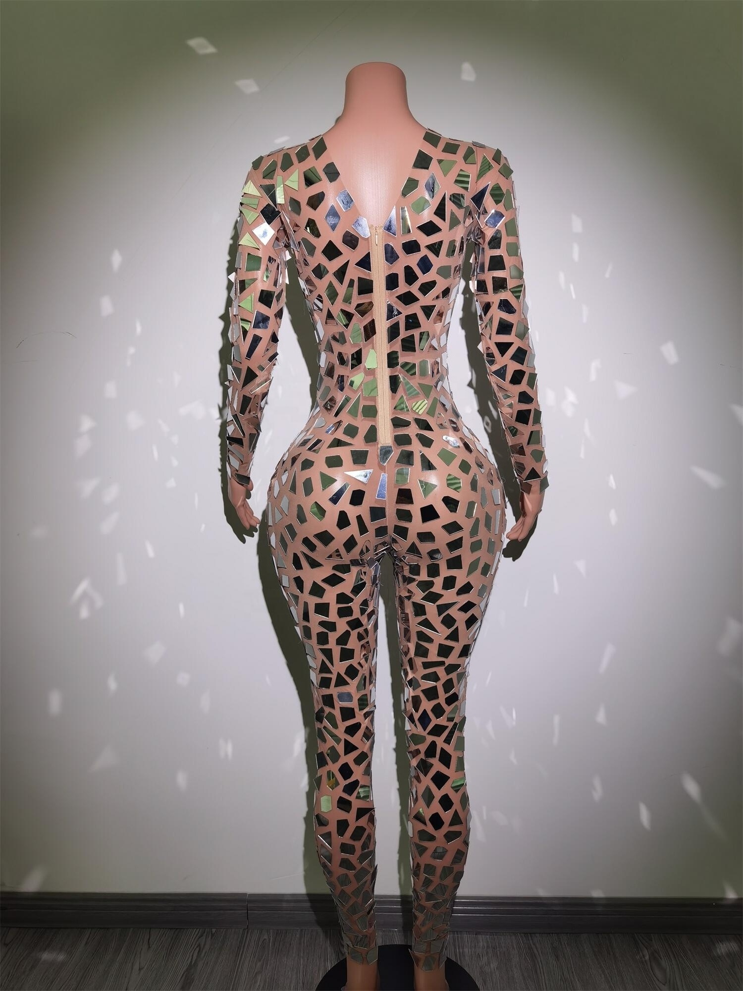 2023 Sexy See Through Mirror Sequins Long Sleeve Bodysuit Plus Size Stripper Exotic Dancewear Women Club One Piece Jumpsuits