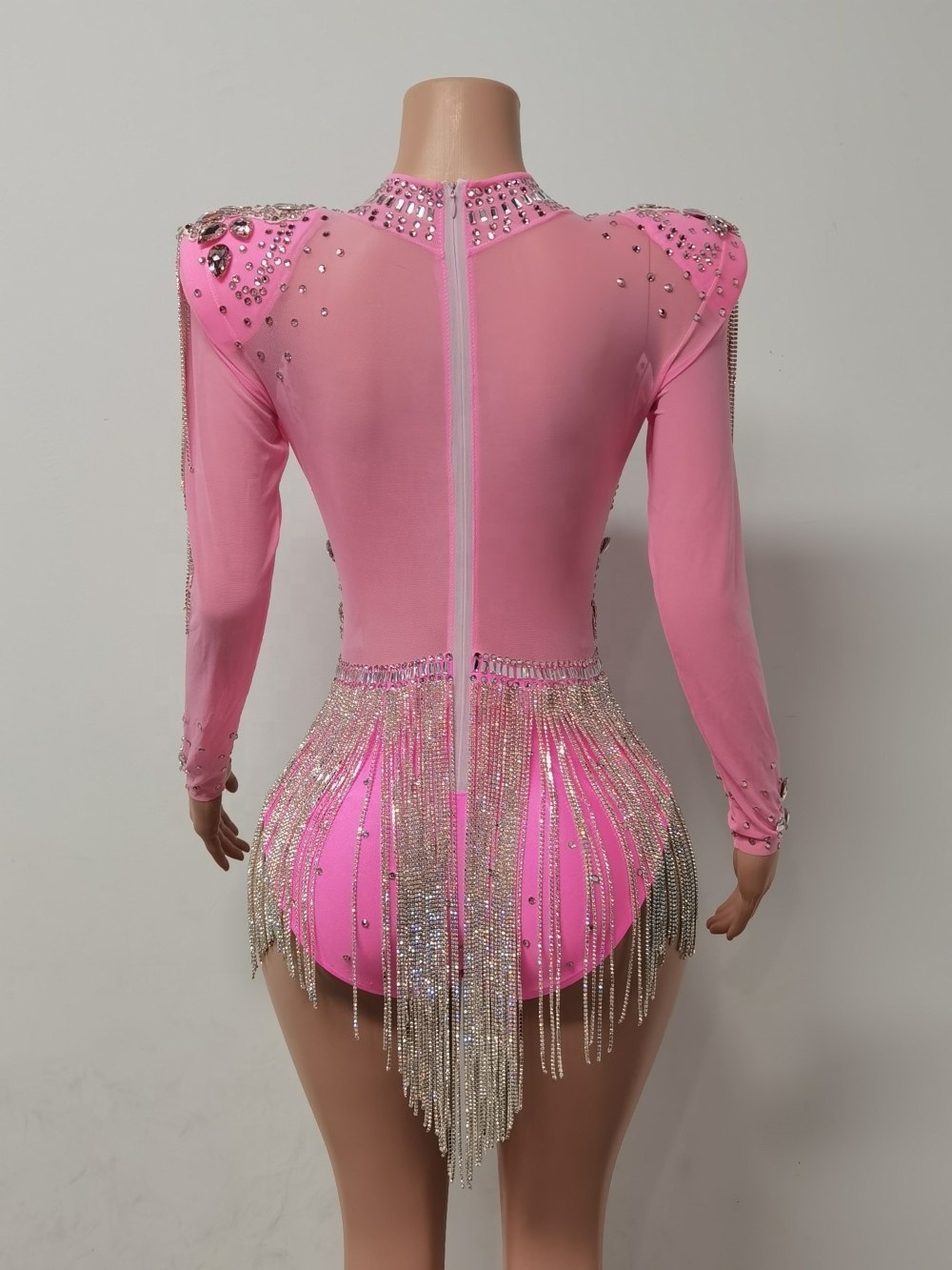 Sexy Transparent Crystal Tassel One Piece Jumpsuit Stripper Exotic Dance Wear Show Party Club Leotard Women Rhinestone Bodysuits