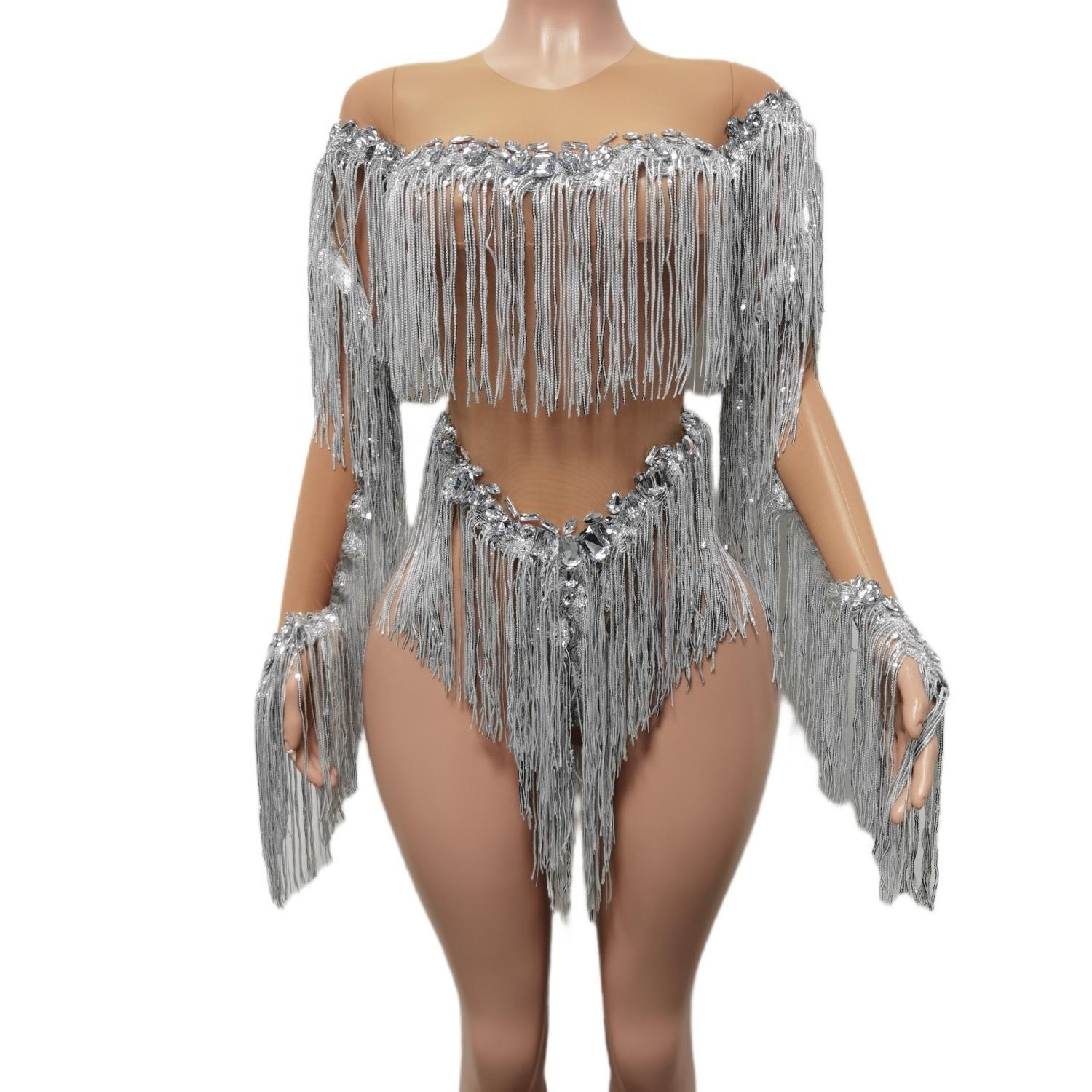 Shiny Bling Sequin Tassel One Piece Short Jumpsuit Showgirl Romper Night Club Dancer Leotard Women Sexy Rhinestone Bodysuits