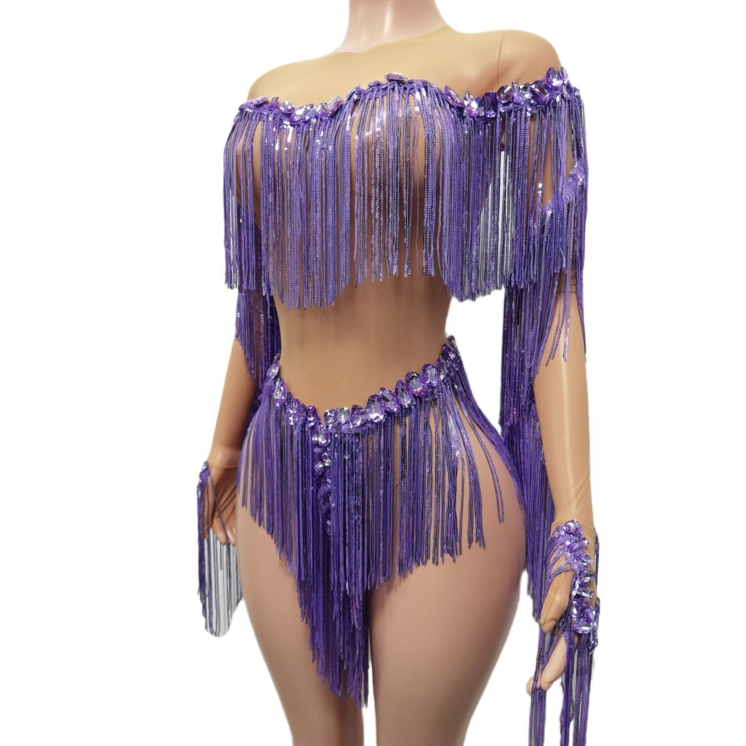 Shiny Bling Sequin Tassel One Piece Short Jumpsuit Showgirl Romper Night Club Dancer Leotard Women Sexy Rhinestone Bodysuits