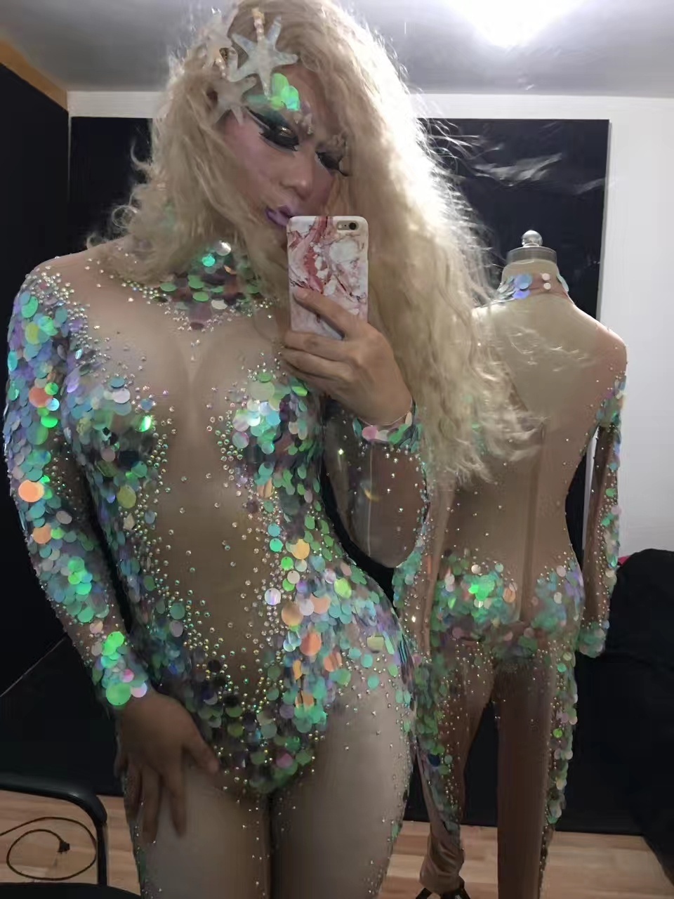 Sexy Mermaid Performance Cosplay Costume Dance Leotard Rhinestone Sequins One Piece Bodysuit Ladies Stage Performance Jumpsuit