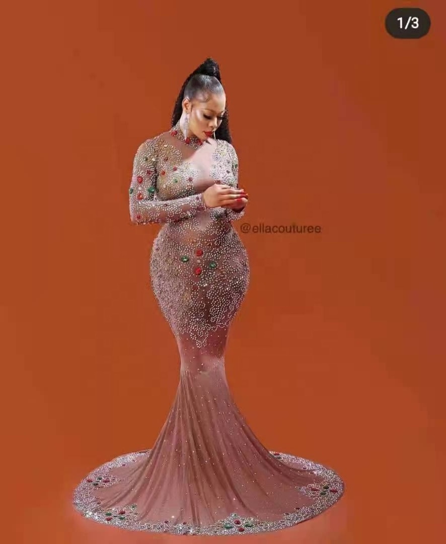 Elegant See Through Mesh Crystal Rhinestone Ball Gowns For Women Formal Wedding Party Long Dress Sexy Mermaid Evening Dresses