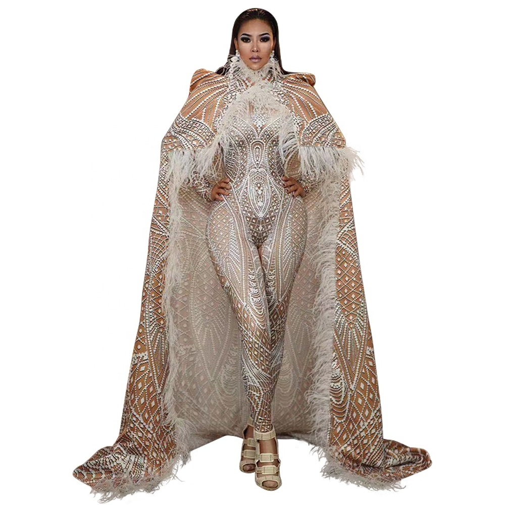 Designer Feathers Exotic Dancer Clothes Stage Performance Bodysuits With Cloak 2 Piece Set Men Women Carnival Party Jumpsuits