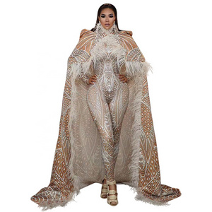 Designer Feathers Exotic Dancer Clothes Stage Performance Bodysuits With Cloak 2 Piece Set Men Women Carnival Party Jumpsuits