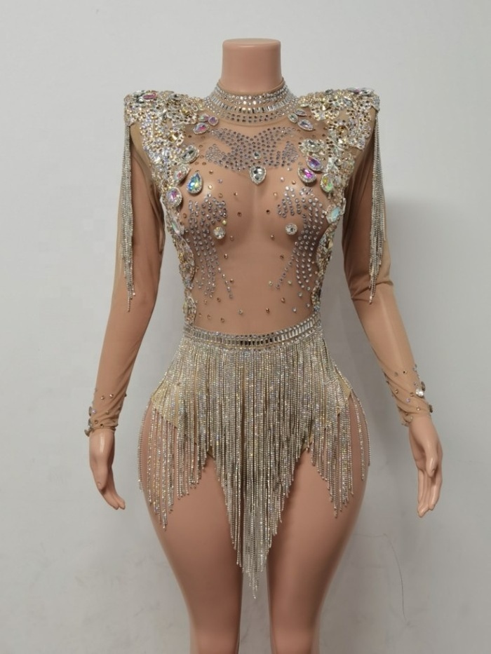 Sexy Transparent Crystal Tassel One Piece Jumpsuit Stripper Exotic Dance Wear Show Party Club Leotard Women Rhinestone Bodysuits