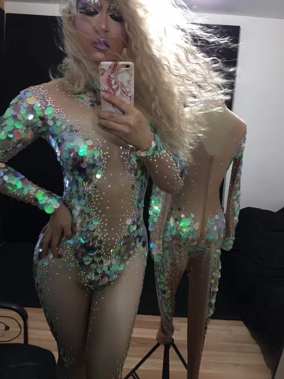 Sexy Mermaid Performance Cosplay Costume Dance Leotard Rhinestone Sequins One Piece Bodysuit Ladies Stage Performance Jumpsuit