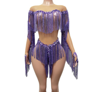 Shiny Bling Sequin Tassel One Piece Short Jumpsuit Showgirl Romper Night Club Dancer Leotard Women Sexy Rhinestone Bodysuits