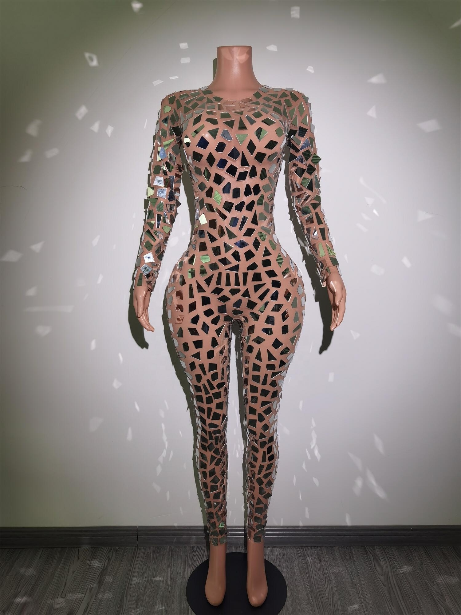 2023 Sexy See Through Mirror Sequins Long Sleeve Bodysuit Plus Size Stripper Exotic Dancewear Women Club One Piece Jumpsuits