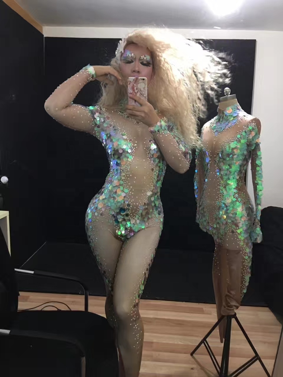 Sexy Mermaid Performance Cosplay Costume Dance Leotard Rhinestone Sequins One Piece Bodysuit Ladies Stage Performance Jumpsuit